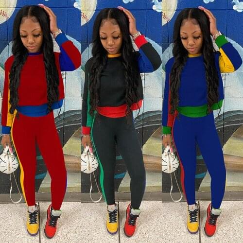 Echoine Women Sports Contrast Color Two Piece Autumn 2021 Stitching Round Neck Long Sleeve Sweatshirt Trousers Lounge Streetwear