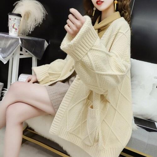 2021 Spring Autumn Knitted Cardigan Sweater Women Plus Size Loose Korean Students Long-Sleeve Knitwear Jacket Ladies Tops G1231