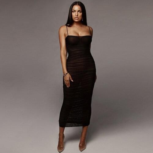 Women’s Sexy Boat Neck Suspender Dress Fashion Solid Color Perspective Skinny Long Dress