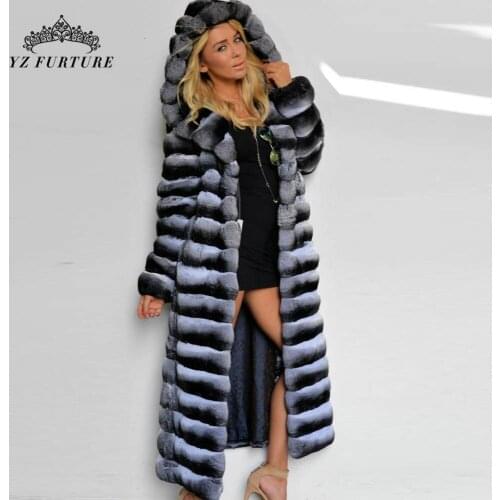 2021 Winter Women 130cm Long Chinchilla Rex Rabbit Fur Coats Elegant Hood Real Natural Rex Rabbit Fur Overcoat Fashion Outwear