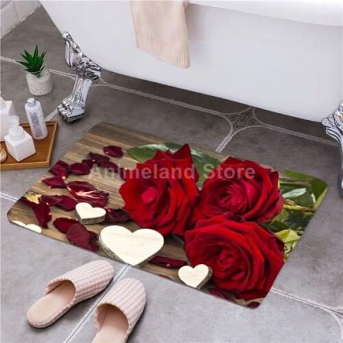 Red Rose Printed Bath Mat Non-slip Home Bathroom Carpet Rug Mats Bedroom Kitchen Toilet Floor Decor Romantic Flower Luxury 1pc