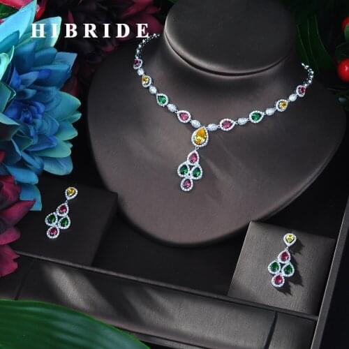HIBRIDE New Arrival 2pcs Set Multicolor Top AAA Cubic Zirconia Ladies Best Gift Drop Earrings Pendant Necklace Sets for WomeN-86