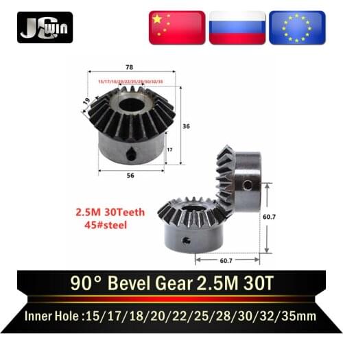 2pcs Bevel Gear 2.5M 30Teeth inner hole15/17/18/20/22/25/28/30/32 mm gear 90 degrees meshing angle Steel Gears Screw Hole M5/M6