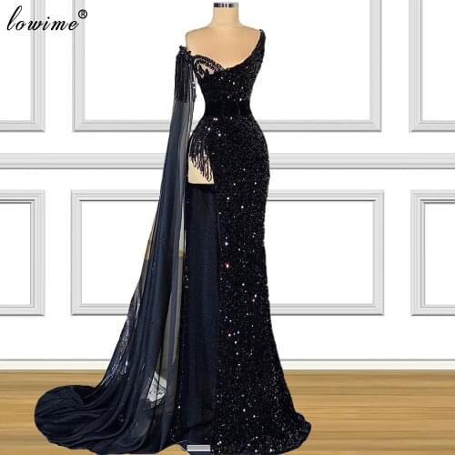 Arabic Black Sequins Prom Dresses 2021 Long Mermaid Sexy Cocktail Party Dresses Evening Wear Vintage Evening Dresses For Women