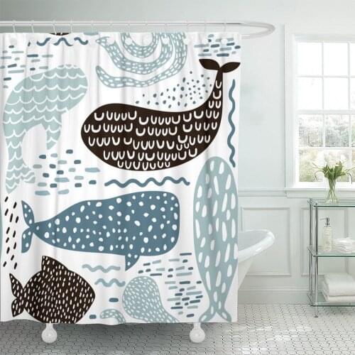 Black Abstract with Sea Animal Fur Seal Whale Octopus Fish Childish in Pastel Colors Blue Baby Brush Shower Curtains Waterproof