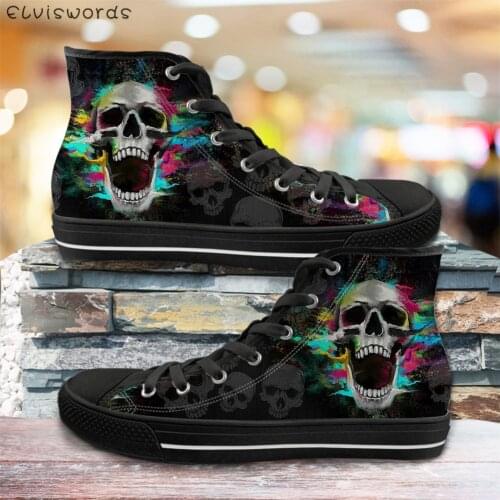 ELVISWORDS Women High Top Canvas Shoes Sugar Gothic Skull Avatar Pattern Fashion Ladies Casual Flats Teen Boys Vulcanized Shoes