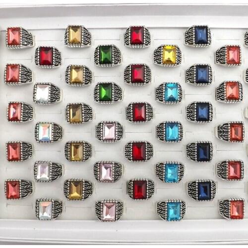50pcs Mixed Color Rectangle Shape Crystal Rings For Men Mix Size Wholesale