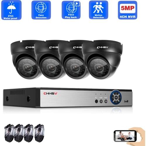 CHHSV H.265 + 4CH AI Face Detection 5MP POE IP Dome Camera System Kits Waterproof CCTV Security Video Surveillance Set