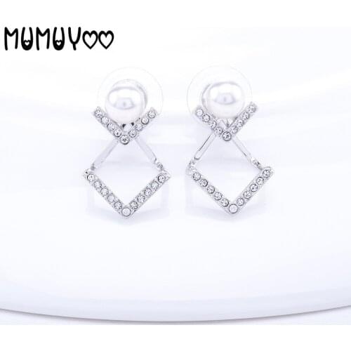 Fashion Jewelry High Quality SWA Romantic V Shape Piercing Stud Earrings Pearl Crystal Women Earrings
