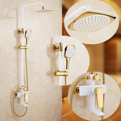 Golden White Shower Set Brass Mixing Faucet Wall-mounted Bathroom Faucet Mixing Valve Household Shower System