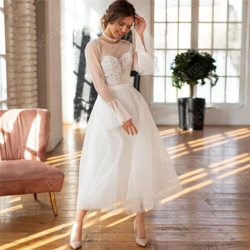 Charming Short Length Wedding Bridal Gowns 2021Robe De Mariage New Arrival Buttons Back Wedding Dresses Bride Dress With Lace