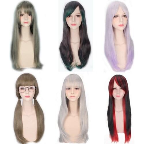 Top Quality Anime Long Straight Wig With Bangs Harajuku Lolita Grey Purple Black Red Cosplay Wigs For Women