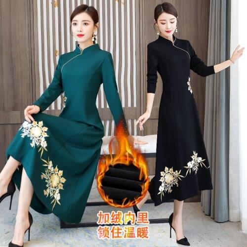 Autumn 2021 Cashmere Improved Cheongsam Women Thickened Embroidery Long Dress Chinese Style Plus Size 4xl Slim Party Dresses