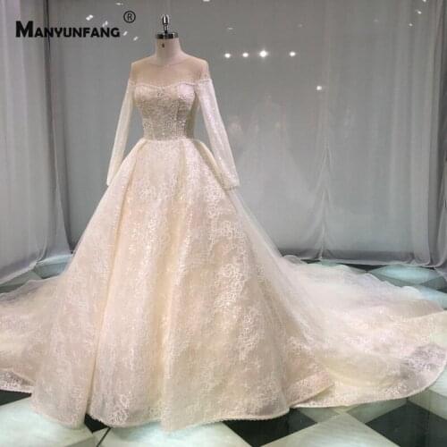 Luxury Full Sleeve Cathedral Train Lace Up Back Wedding Dress Custom Made Embroidery Appliques Tulle O-Neck Bridal Ball Gown