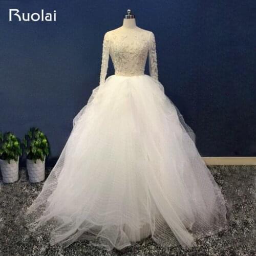 Sexy See Though Top Scoop Tulle Long Sleeves Wedding Dress Ball Gown Beaded Top Crystal Bridal Dress Wedding Ceremony ASAW31