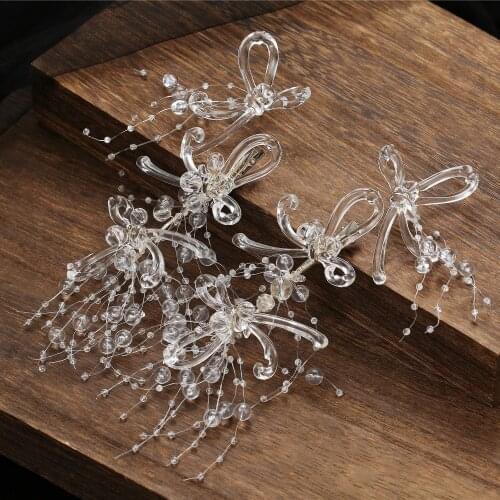 Transparent Bow Crystal Beaded Hairpin Bridal Wedding Headdress Styling Accessories
