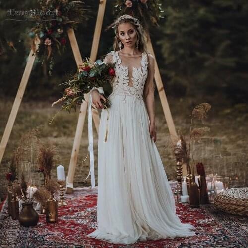Unique Lace Boho Wedding Dresses Sheer Neck A Line Backless Bridal Gowns Beach Vestido De Noivas DW519
