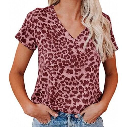 Women Short Sleeve Leopard T Shirt 2Xl Casual Summer V-Neck Camouflage Print Ladies Tops Streetwear Tees Top 2021 New