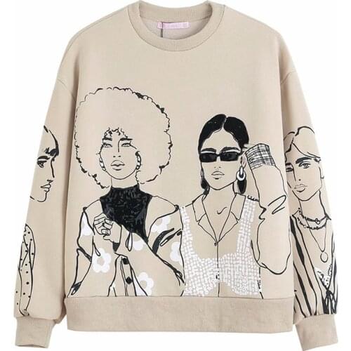 Women Fashion Cartoon Print Beige Sweatshirts Female Oversize Long Sleeve Round Neck Loose Polyester Female Tops