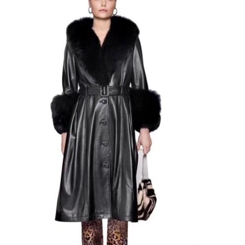 Woman Coats Long Natural Genuine Leather Fashion Real Sheepskin Leather Coat Female Fox Fur Collar Windbreaker H928