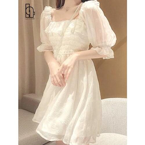 Luck A French Summer Dress Women White Puff Sleeve Korean Style Fairy Dress Lace Chiffon Kawaii Elegant Vintage Dress