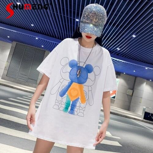 2021 Summer European Fashion Rhinestone Bear Ladies T-shirt Women New Loose Mid-Length Cotton Tees Short-Sleeved Pullover Top
