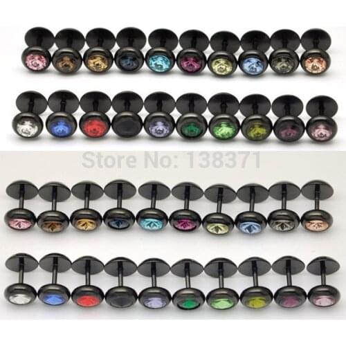 8mm 20 colors Rivoli stones Black titanium steel Men Punk screw stud earrings