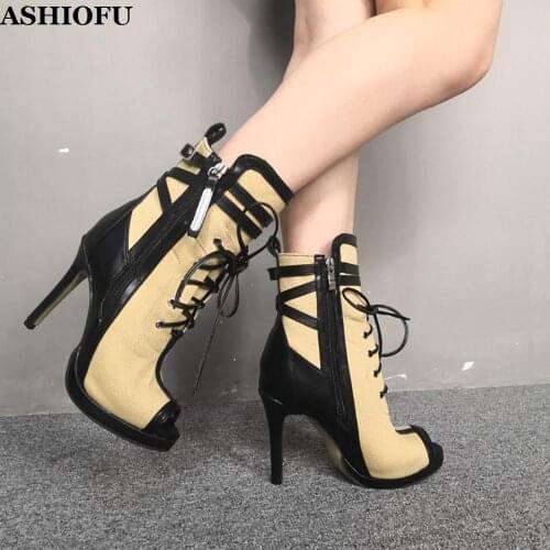ASHIOFU New Arrival Classic Women High Heel Boots Real-photos Peep-toe Autumn Ankle Boots Party Prom Fashion Short Boots Shoes