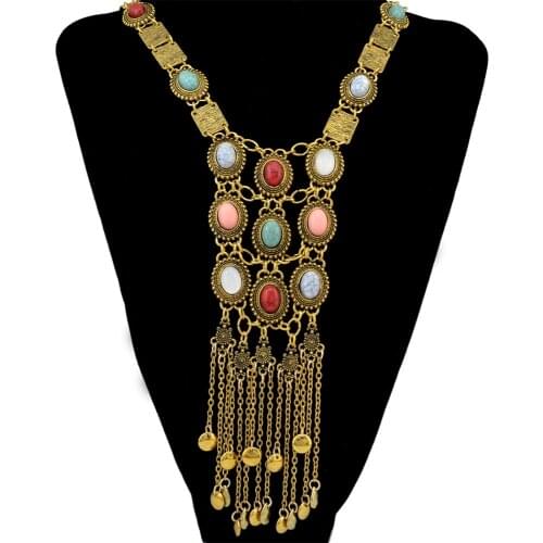 Gypsy Vintage color/Gold Metal Long Tassel Ethnic Tribal Resin Bead Statement Neck For Women Bohemian Bib Maxi Collar Necklaces