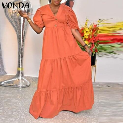Long Maxi Dress 2021 VONDA Women Casual Short Sleeve Holiday Dresses Ladies Button Up A-line Bohemian Vestidos Elegant Robe