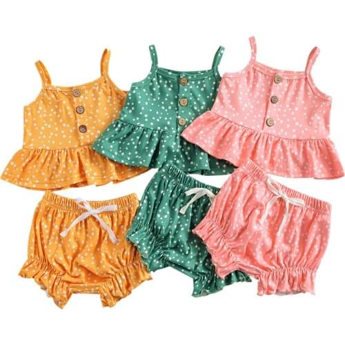 Baby Girls Two-piece Clothes Set, Wave Points Printed Pattern Suspender Tops + Shorts, Green/ Pink/ Yellow