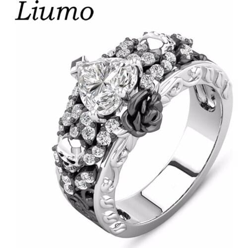 Liumo Classic Punk Style Black Flower Rose Gold Color Skull with Heart Crystal Women Stainless Steel Party Ring Lr595