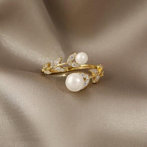 2021 Korea New Exquisite Leaf Pearl Ring Fashion Temperament Versatile Opening Ring Elegant Ladies Banquet Jewelry