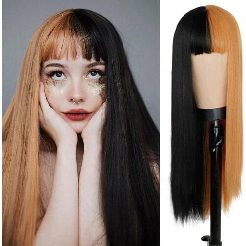 LANLAN wig female high temperature resistant chemical fiber synthetic mid-length hair bang cosplay black long straight wig