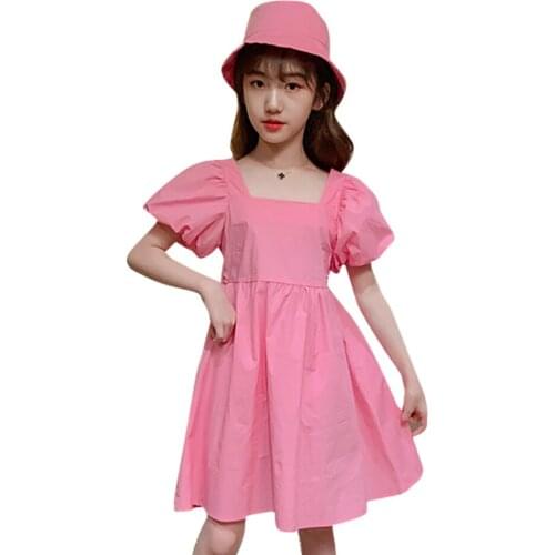 Dresses For Girls Puff Sleeve Dress For Kids Girl Solid Color Children Party Dresses Casual Style Girls Costumes Kids 6 8 10 12