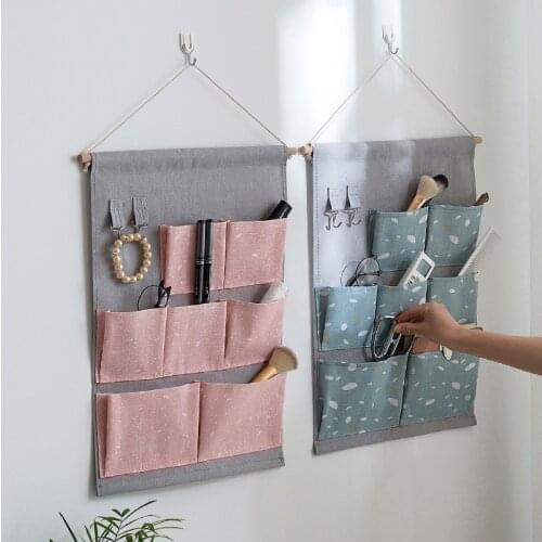 Cotton Linen Pattern Hanging Storage Bag Wall Mounted Wardrobe Hang Bag Wall Pouch Sock Fabric Organizer
