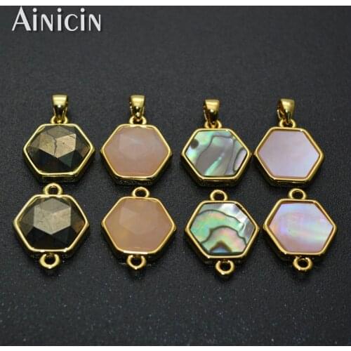 Gold Plating Hexagon Shape Connectors Natural Pyrite Rainbow Shell DIY Jewelry Connection Earring Making Findings 5pc/lot