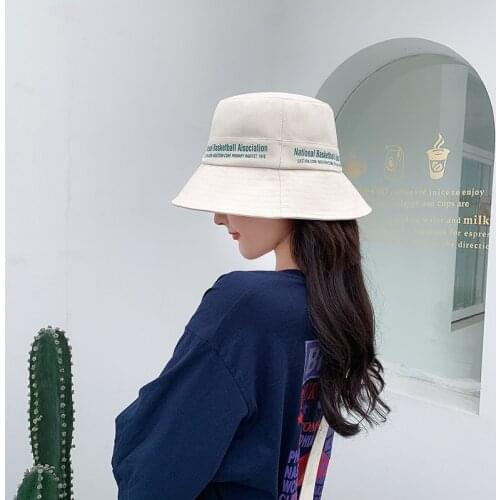 Spring And Summer Womens Cotton Fisherman Hat Print Letter Pattern Flat Top Wide Brim Fashion Solid Color All-Match Sunscreen