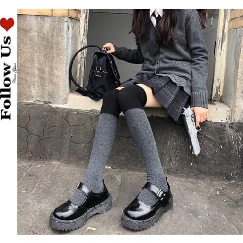 Harajuku Patchwork Thigh High Stockings Female Gothic Japanese Cotton Warmth Thickened Knee Stockings Lolita College Socks Girls