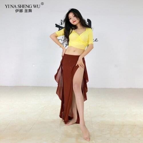 New Belly Dance Costumes Set 2pcs Sexy Water Yarn Top Long Split Skirt Female Women Bellydance Short Sleeves Training Clothes