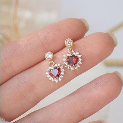 14K Real Plated CZ Cubic Zircon Red Heart Stud Earrings for Women Delicate Jewelry Crystal Earrings
