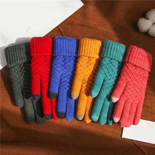 Womens Wool Knitted Gloves Winter Warm Thick Touch Screen Gloves Solid Mittens Autumn Winter Touch Screen Skiing Gloves