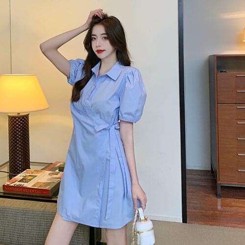 Summer Autumn Ladies Mid-Length Elegant Commuter Shirt Collar Nylon Cotton Dress Women Dresses Summer 2021 Korea Style A145