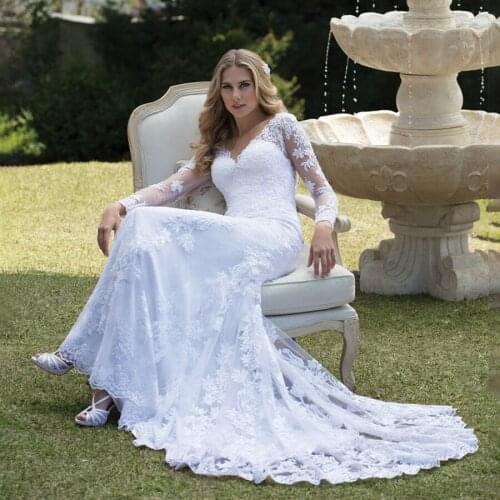 V-neck Luxurious Lace Applique Mermaid Long leeves Bridal Dress vestidos de noiva curto Crystals White Wedding Dress