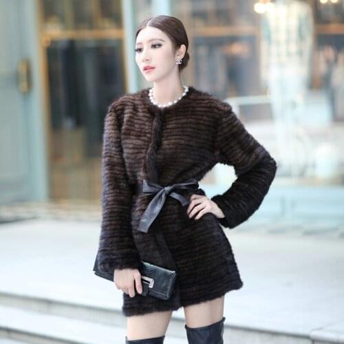 Autumn Winter Womens Genuine Natural Real Knitted Mink Fur Coats Lady Warm Outerwear Adjustable Belt VF0109