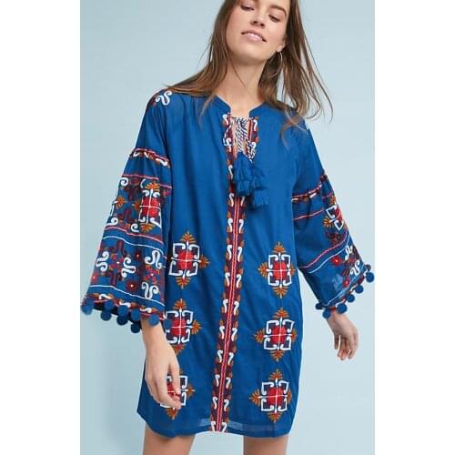 Boho Folk Floral Embroideried Ukraine Blue Mini Dress Long Sleeves Sino Cotton Women Dress With V-Neck Loose Spring Summer Dress