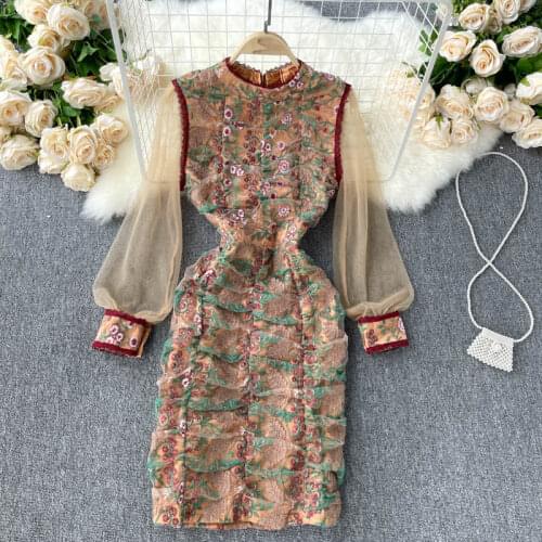 Womens Spring Summer Runway Fashion Vintage Floral Embroidery Mesh Dress Female Travel Chic Slim Party Dress TB994