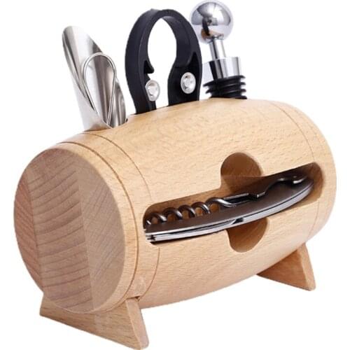 4 in 1 Wine Bottle Opener Set with Wooden Swing Stand Stainless Steel Seahorse