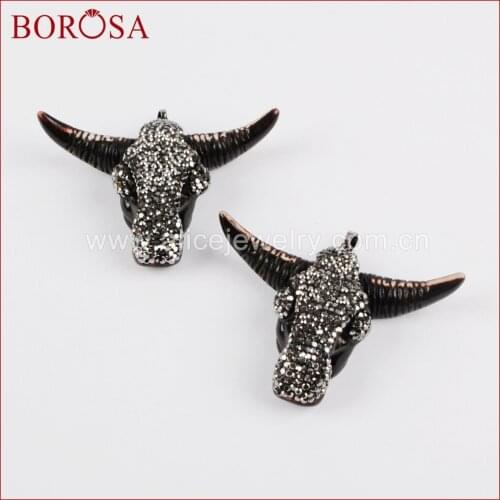 BOROSA Fashion Black Resin Ox Head Pendant Buffalo Cattle Horn Charm Pendant Rhinestone Pave Druzy Jewelry Head Pendant JAB641