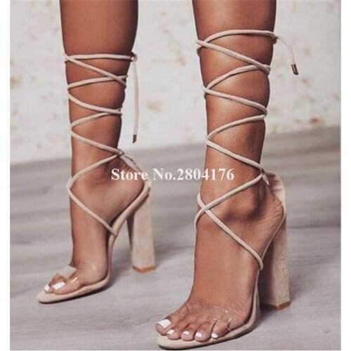 Women Elegant Fashion Open Toe Suede Leather Chunky Heel Gladiator Sandals Lace-up One PVC Strap High Heel Sandals Shoes